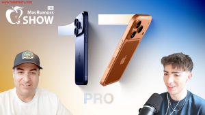 نموذج رسومي يبرز iPhone 17 Pro وPro Max مع شارة MacRumors في الخلفية