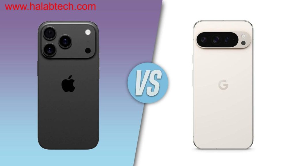 صورة مقارنة توضح iPhone 17 Pro وPixel 10 Pro مع تفاصيل التصميم والشاشة والكاميرا