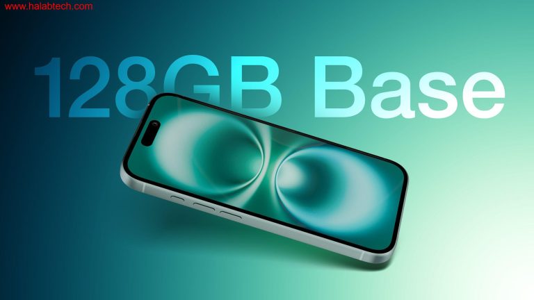 صورة تُظهر iPhone 16 مع خيارات التخزين الأساسية 128GB و256GB