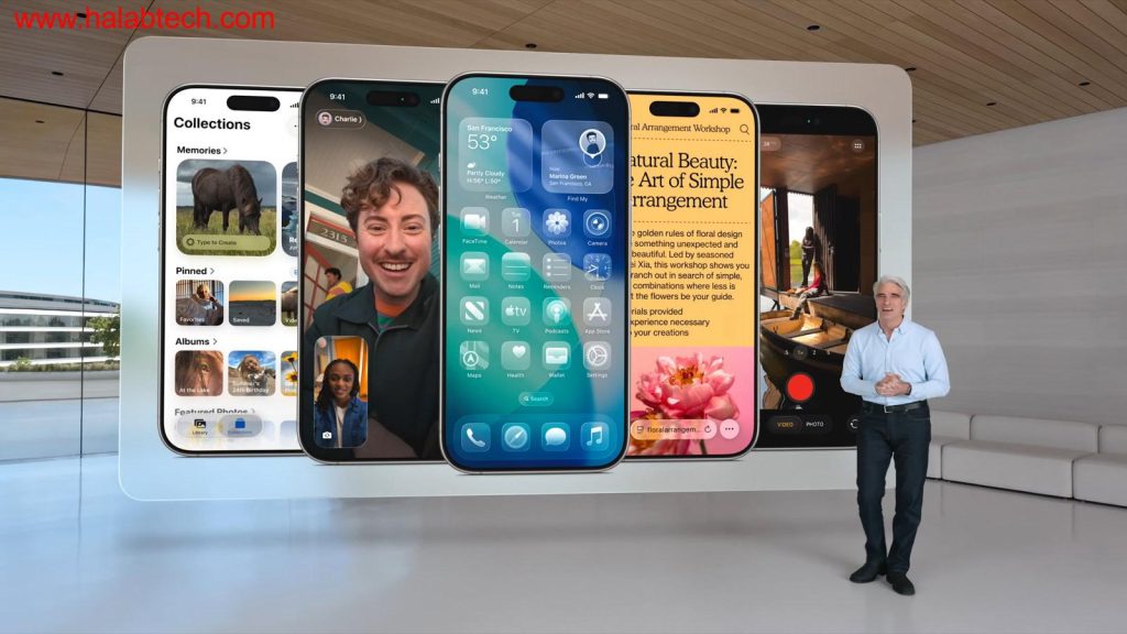لقطة شاشة تُظهر واجهة iOS 26 الجديدة مع تأثير زجاجي وتحديثات الحركة
