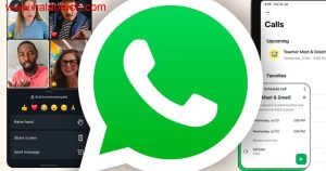 صورة توضِّح واجهة واتسآب مع ميزات جدولة المكالمات وروابط الدعوة والتفاعل أثناء المكالمات