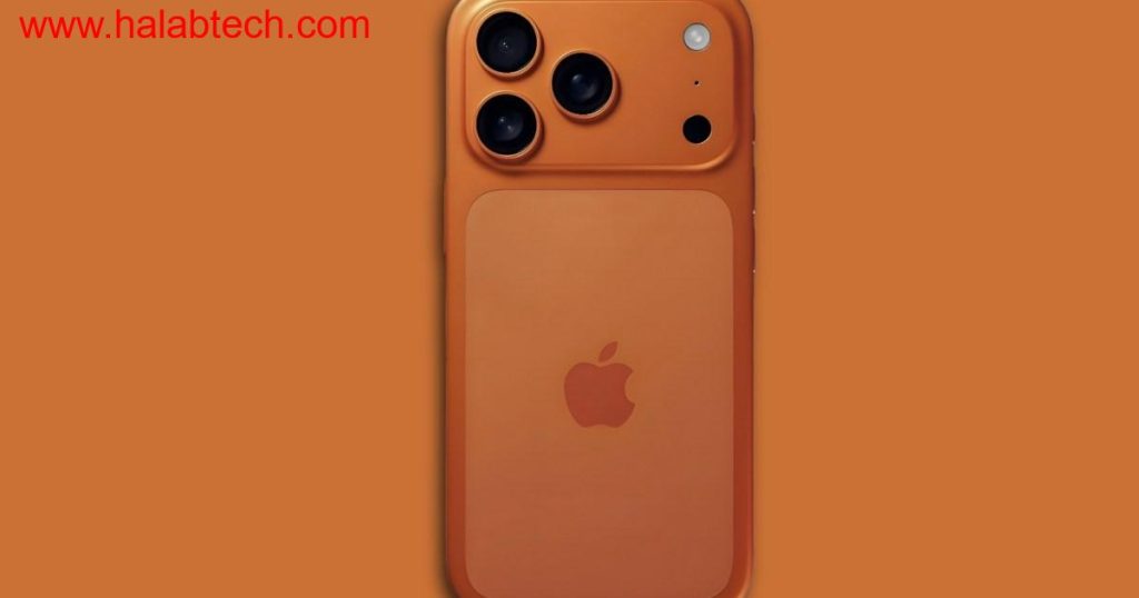 صورة خلفية لهاتف iPhone 17 Pro مع عدسة تلي فوتو بارزة وتعبير عن تقريب 8x