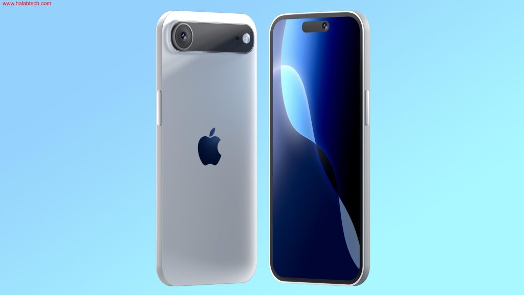 صورة تخطيطية للهاتف iPhone 17 Air يظهر شريط الكاميرا الخلفية على خلفية سوداء