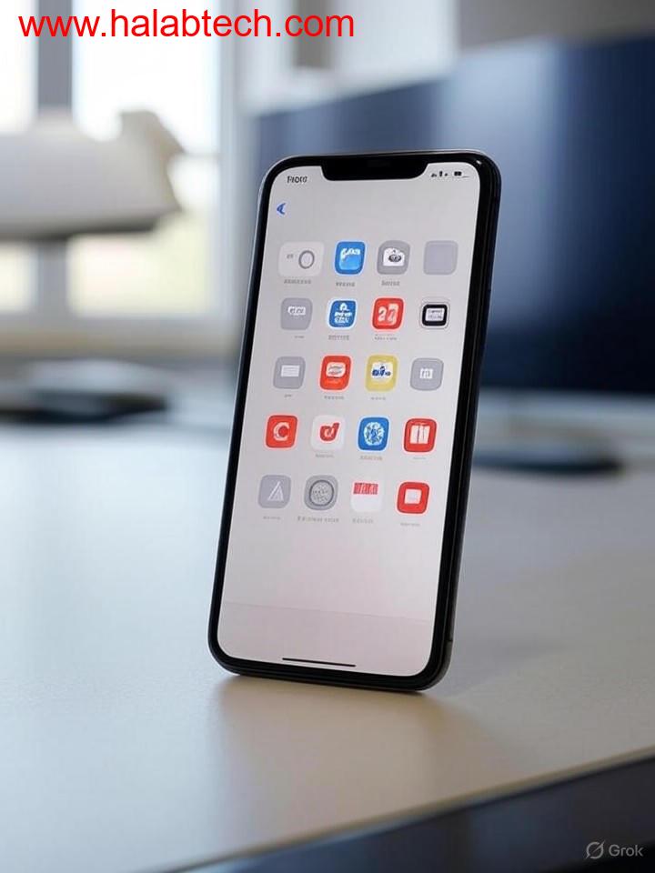 شعار أبل بجانب واجهة iOS 18 على جهاز آيفون مع رسومات توضح الذكاء الاصطناعي والأمان