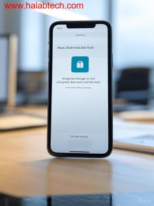 أيقونة قفل تشفير محاط برسائل نصية بين أجهزة iPhone وAndroid توحي بالتبادل الآمن عبر RCS