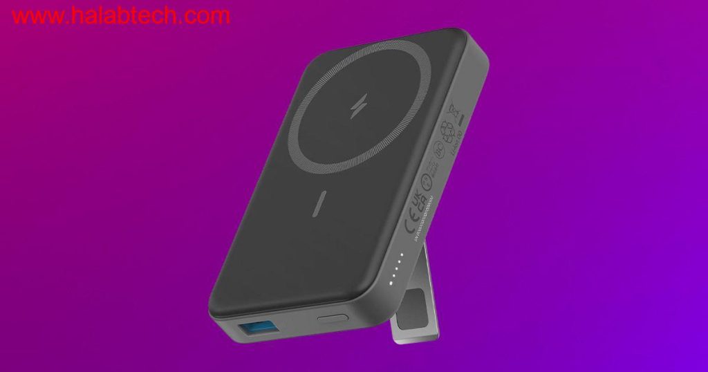 صورة لباوربانك أنكر 633 اللاسلكي مثبتاً على هاتف iPhone باستخدام MagSafe مع خيار الشحن السلكي 20W