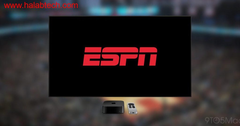 شاشة تلفزيون تعرض شعار ESPN وواجهة Apple TV مع قائمة انتظار موحدة