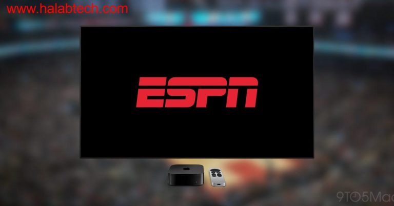 شاشة تلفزيون تعرض شعار ESPN وواجهة Apple TV مع قائمة انتظار موحدة