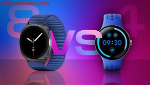 Pixel Watch 4 وGalaxy Watch 8 معروضتان بجانب بعضهما يظهران التصميم الدائري والواجهات المميزة مع اختلاف الشكل بينهما