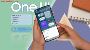 صورة شاشة تُظهر واجهة One UI 8 من سامسونغ أمام تشكيلة من هواتف Galaxy