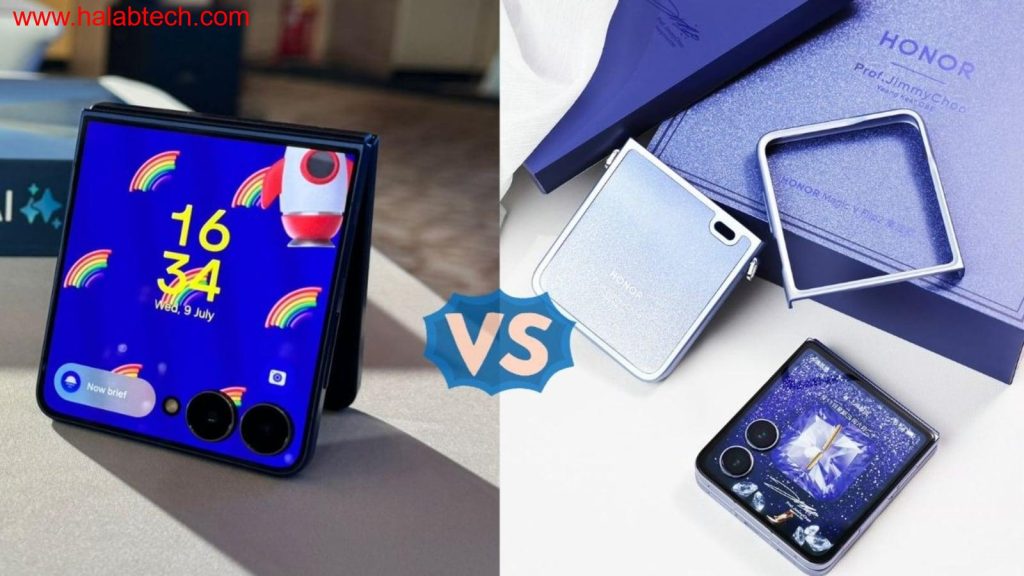 صورة ترويجية تجمع Honor Magic V Flip 2 وGalaxy Z Flip 7 وتبرز اختلاف التصميم والكاميرات