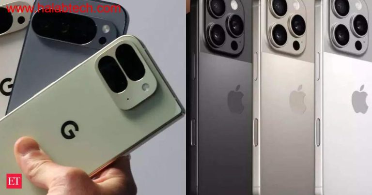 صورة مقارنة بين Pixel 10 Pro وiPhone 16 Pro تُبرز كاميرا Pixel وتدرجات ألوانه الزاهية وجودة التصميم