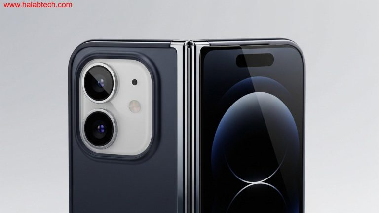 تصميم تخيلي لهاتف iPhone قابل للطي بواجهة كتابية وتفاصيل كاميرا متعددة