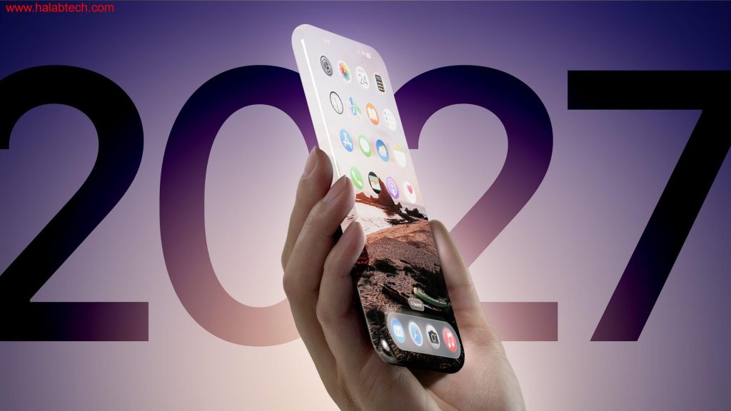 تصميم تخيلي لهاتف iPhone يلتف حول الحواف ويظهر كلوح زجاجي واحد بلا حواف لإبراز خط أبل المستقبلي حتى 2027