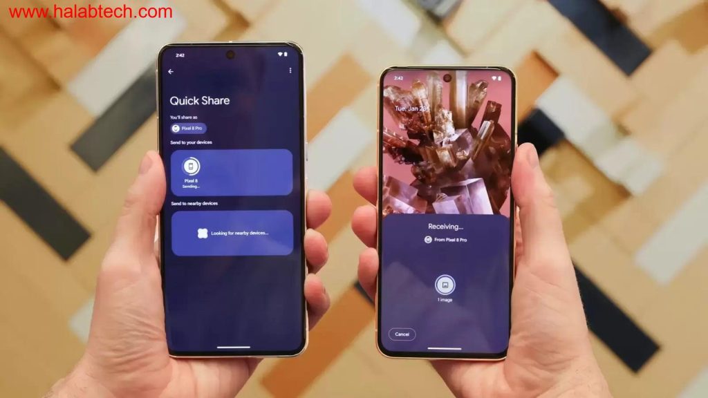 شاشة تعرض شعار Quick Share بجانب جهاز iPhone وMacBook لإيحاء الاختبار المحتمل للدعم على أنظمة iOS وmacOS