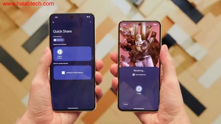 شاشة تعرض شعار Quick Share بجانب جهاز iPhone وMacBook لإيحاء الاختبار المحتمل للدعم على أنظمة iOS وmacOS