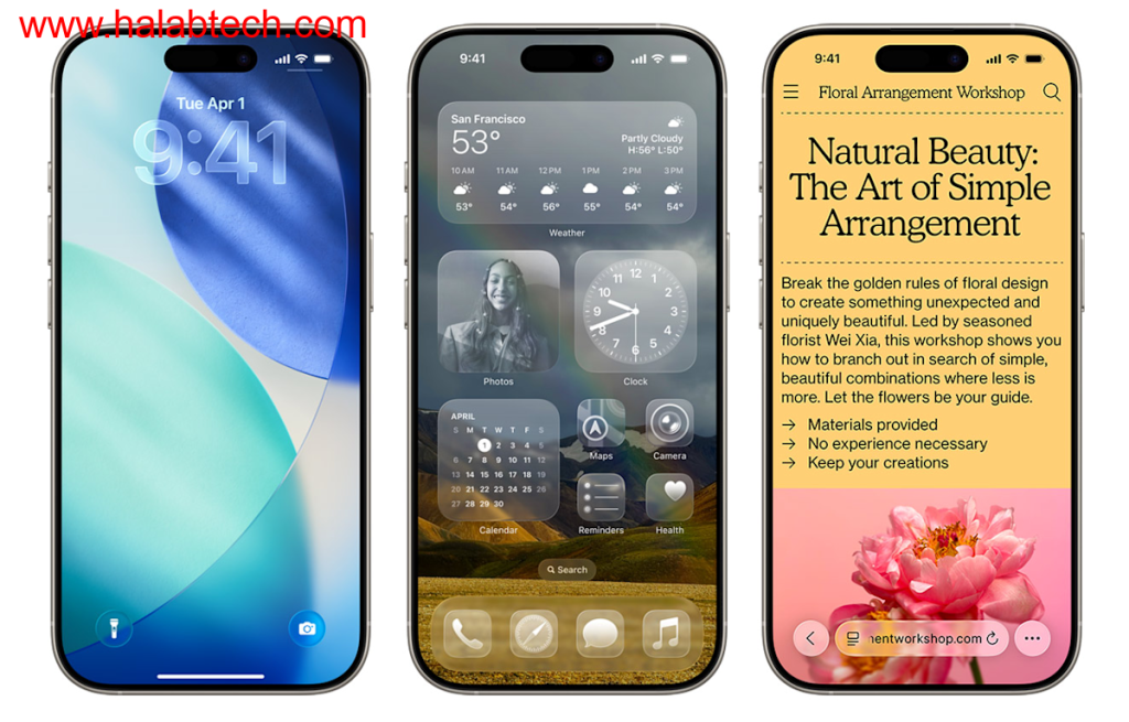 لقطة غلاف لواجهة iOS 26 مع تصميم Liquid Glass وأيقونات جديدة