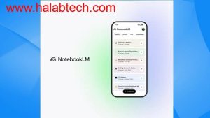 هاتف ذكي يعرض تطبيق NotebookLM مع رسومات توضيحية للذكاء الاصطناعي والبحث العلمي
