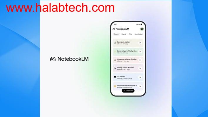 هاتف ذكي يعرض تطبيق NotebookLM مع رسومات توضيحية للذكاء الاصطناعي والبحث العلمي
