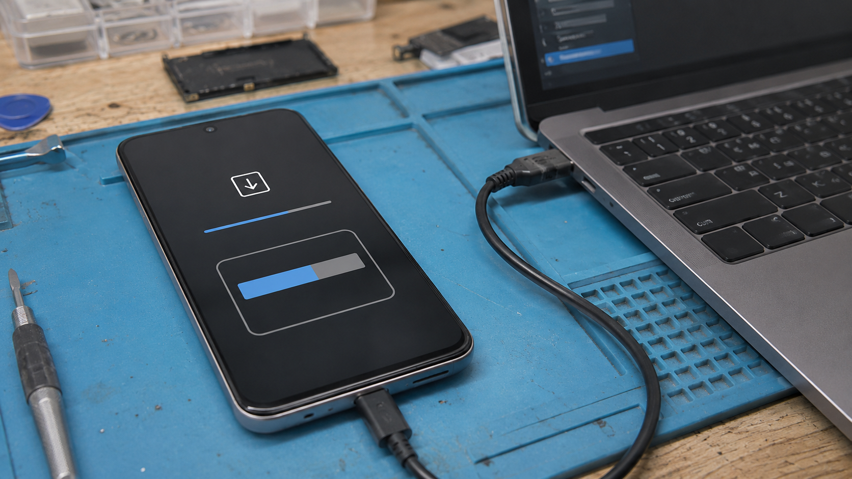 Android OTA not enough space shown as a realistic Android repair desk troubleshooting scene